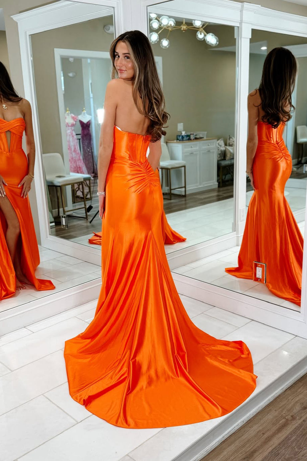 Mermaid Sweetheart Orange Satin Corset Long Prom Dresses with Slit LD26012807