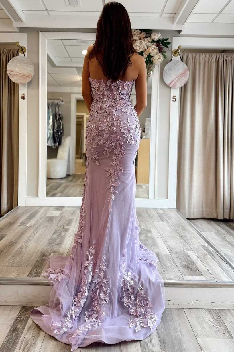 Stunning Mermaid Strapless Sweetheart Lilac Lace Appliques Long Prom Dresses with Slit LD16012402