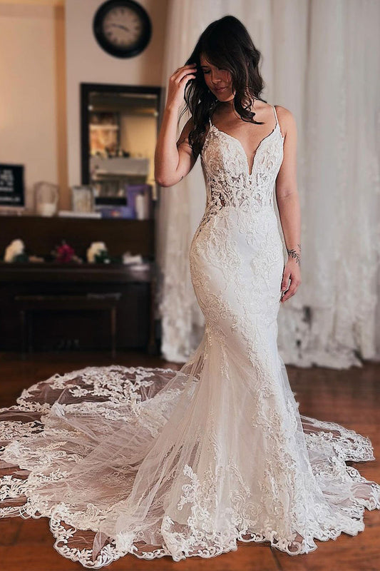 Charming Mermaid V Neck Lace Wedding Dresses with Appliques LD070205