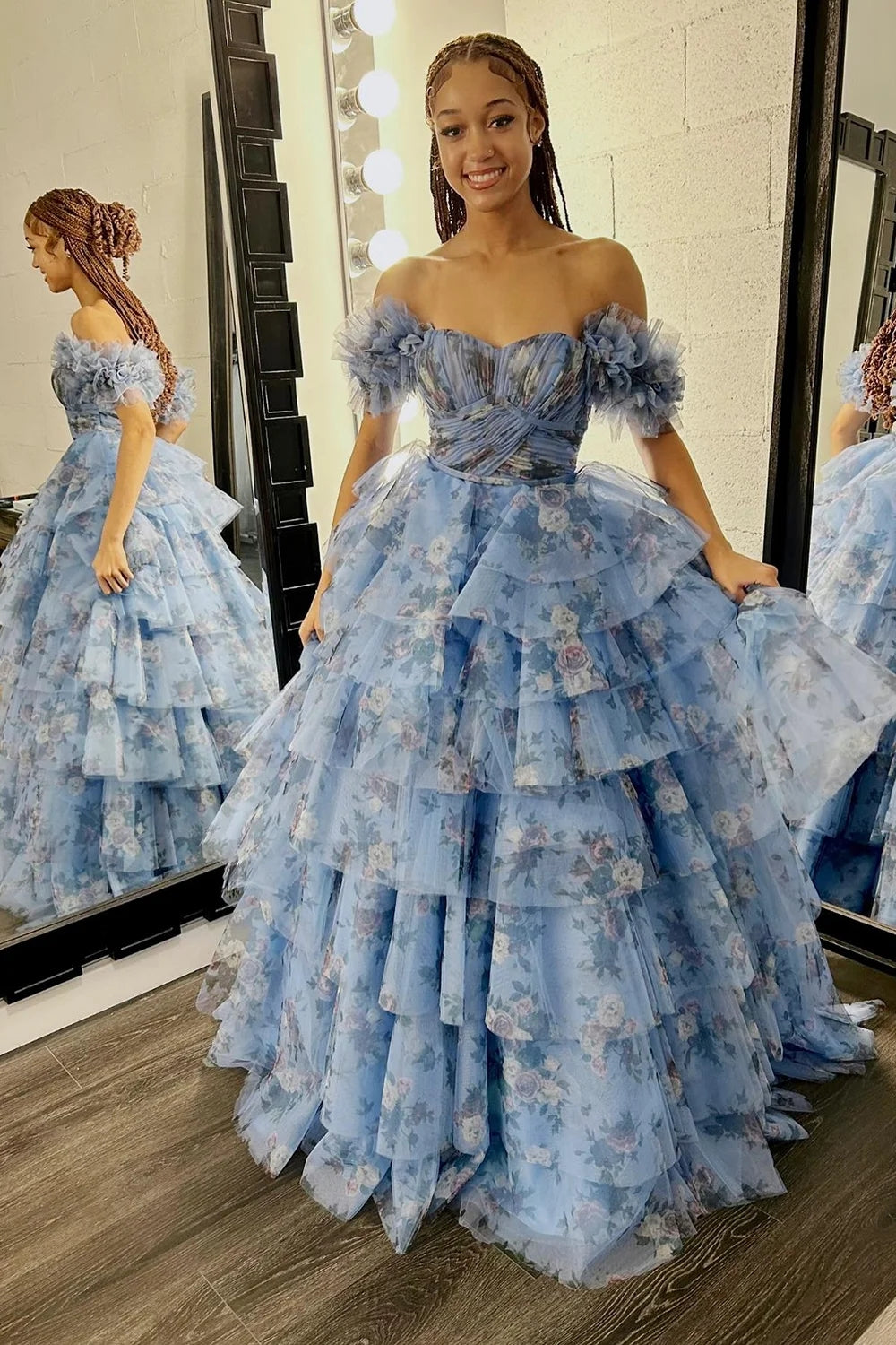 Cute Blue Floral Tiered Prom Dress with Ruffles LD062554