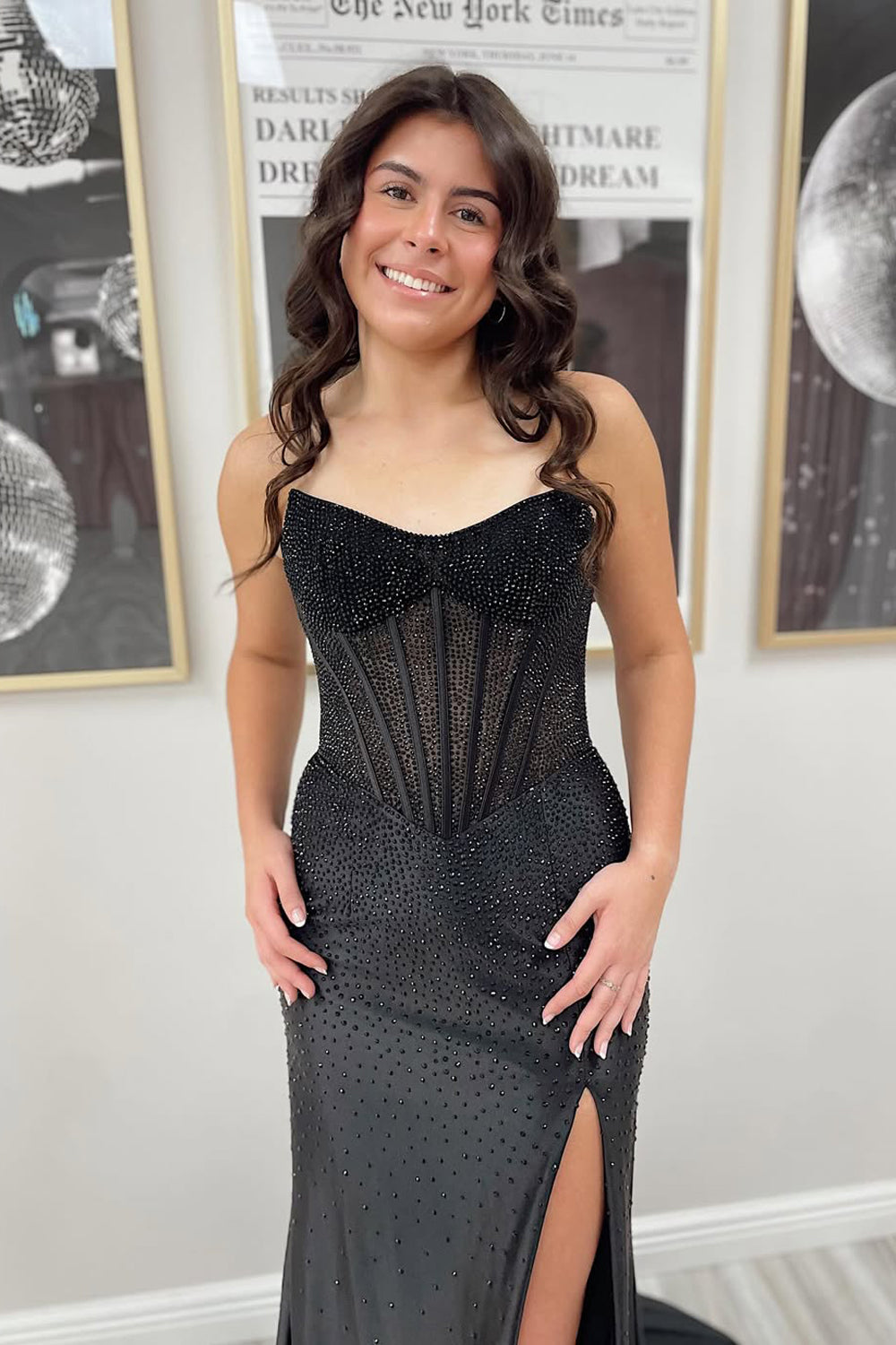 Glitter Mermaid Scoop Neck Hot Fix Satin Prom Dress with Slit LD011507