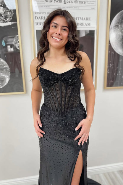 Glitter Mermaid Scoop Neck Hot Fix Satin Prom Dress with Slit LD011507