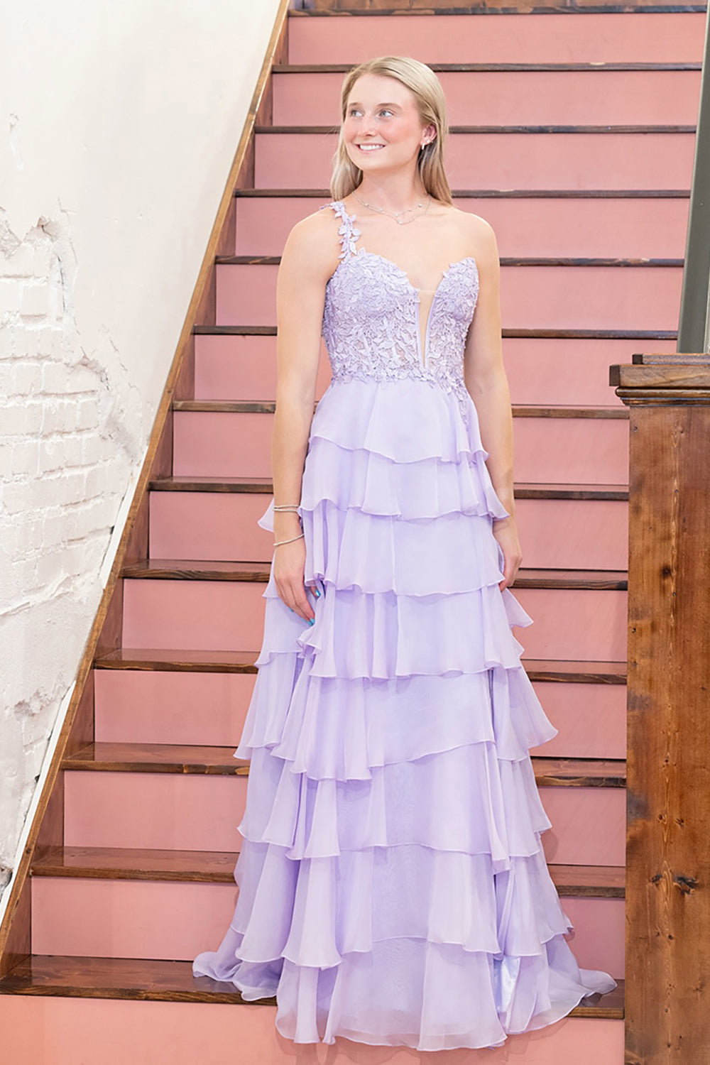 Cute A-Line One Shoulder Lilac Layer Ruffle Long Prom Dresses with Appliques LD16011210