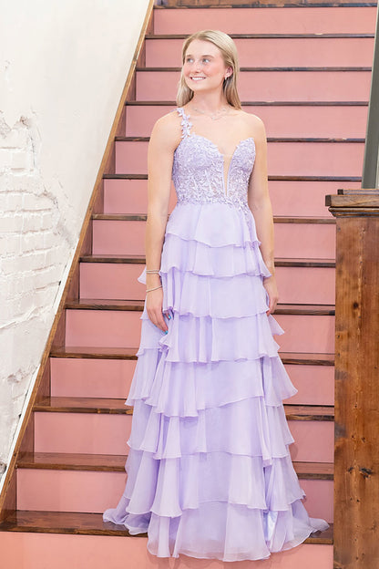 Cute A-Line One Shoulder Lilac Layer Ruffle Long Prom Dresses with Appliques LD16011210
