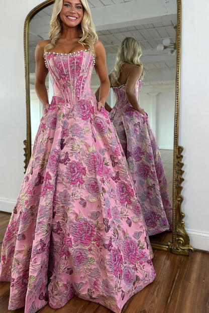 Gorgeous A Line Scoop Neck Jacquard Satin Prom Dress with Pearls LD15121501