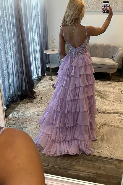 A-Line Spaghetti straps Lilac Ruffle Tiered Chiffon Long Prom Dress with Slit LD16010605