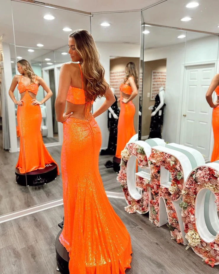 Vibrant | V-Neck Orange Sequin Mermaid Long Prom Dress