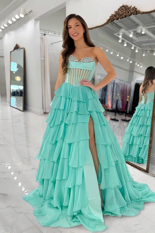 A-Line Sweetheart Mint Ruffle Tiered Chiffon Beads Long Prom Dresses with Slit LD16010508