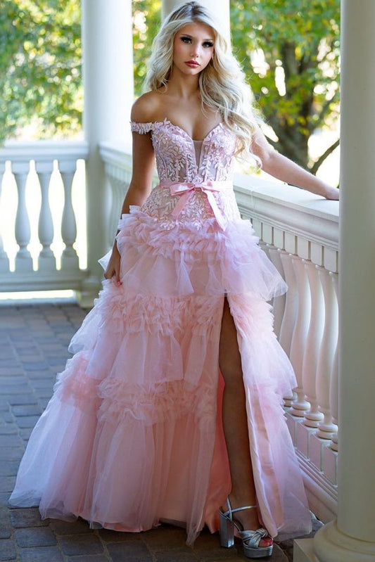 Ball Gown Off the Shoulder Pink Layered Ruffled Long Prom Dresses with Slit LD16011105