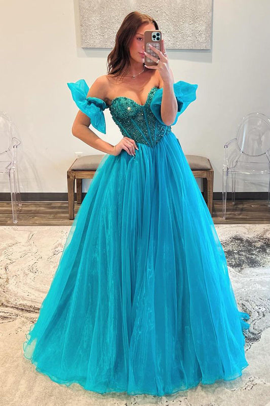 Cute A Line Strapless Blue Beaded Long Prom Dress with Sleeves LD062558