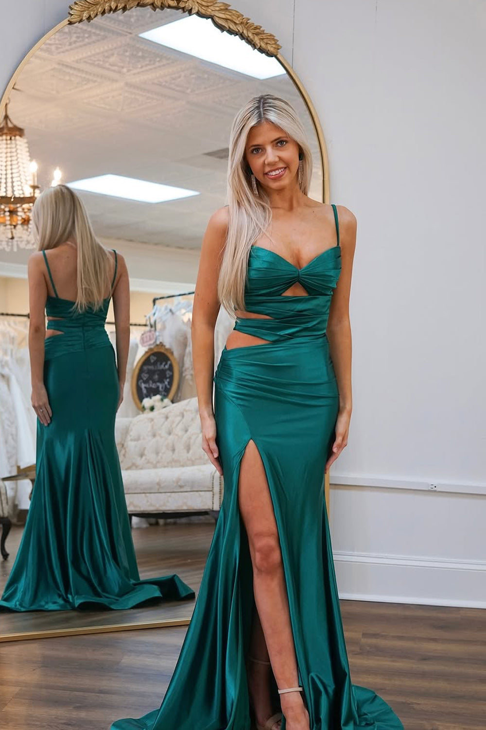 Charming Mermaid Green Satin Sweetheart Prom Dress with Slit