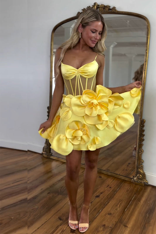 Cute A Line Sweetheart Straps Daffodil Satin Homecoming Dresses with 3D Flowers LD0625109