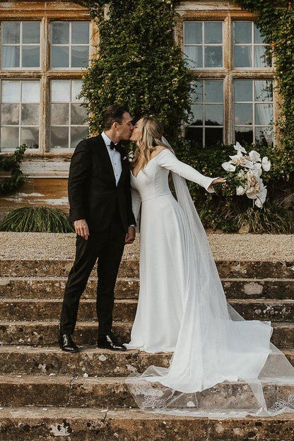 Simple A-Line White Satin Wedding Dress with Off-the-Shoulder Long Sleeves