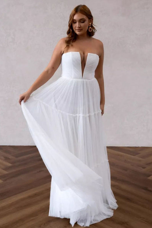 Fairy A Line Strapless V Neck Tulle Wedding Dresses LD062501