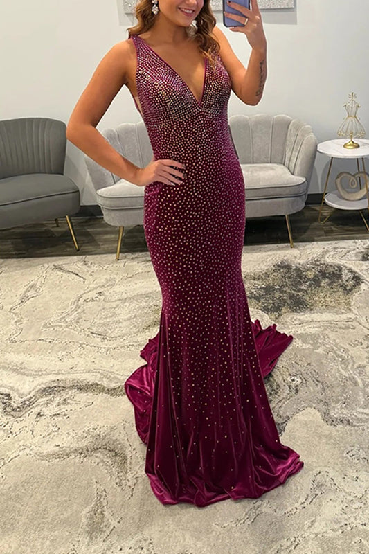 Mermaid Deep V Neck Backless Burgundy Satin Long Prom Dresses with Beads LD16010505
