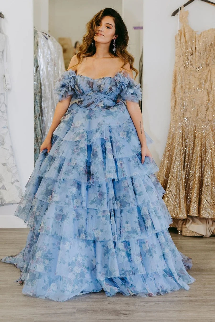 Cute Blue Floral Tiered Prom Dress with Ruffles LD062554