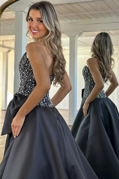 Gorgeous A Line Strapless Black Satin Prom Dress with Beading LD011705
