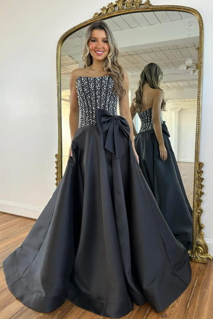 Gorgeous A Line Strapless Black Satin Prom Dress with Beading LD011705