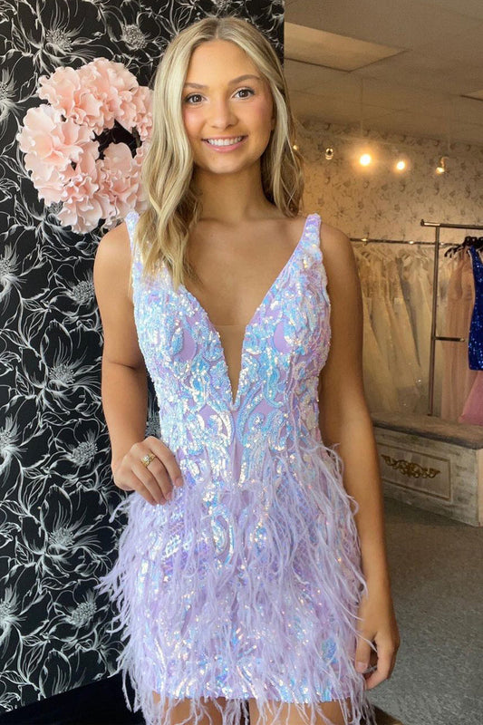 Cute V Neck Lavender Sequins Short Homecoming Dresses with Feather LD071004