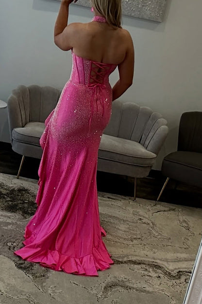 Mermaid Halter Fuchsia Beaded Long Prom Dresses with Ruffle Slit LD16011203
