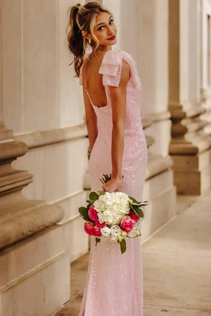 Sparkly Mermaid Sccop Neck with Bow Straps Pink Sequins Prom Dresses LD16011403