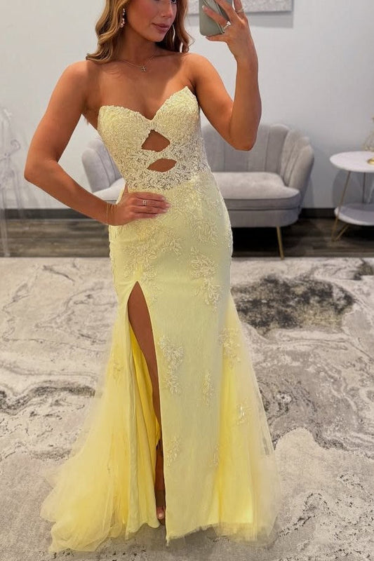 Gorgeous Mermaid Strapless Yellow Keyhold Prom Dresses with Slit LD16011402