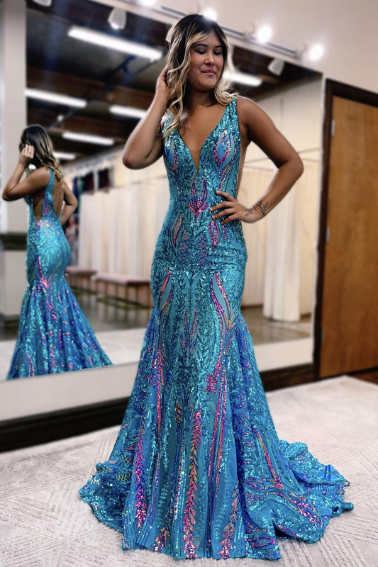 Charming Mermaid V Neck Teal Sequins Long Prom Dresses LD070815