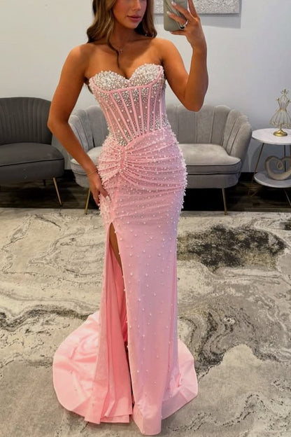 Mermaid Sweetheart Corset Pink Pearls Beaded Long Prom Dresses with Slit LD16010708