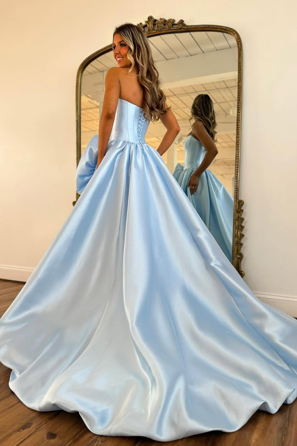 A-Line Strapless Red Satin Prom Dresses with Handmade Flower LD16012707