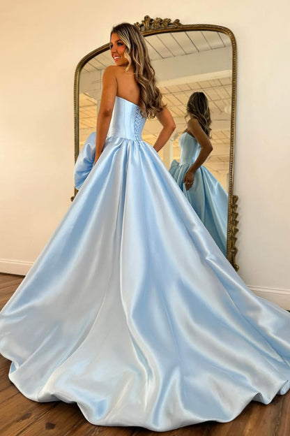 A-Line Strapless Red Satin Prom Dresses with Handmade Flower LD16012707
