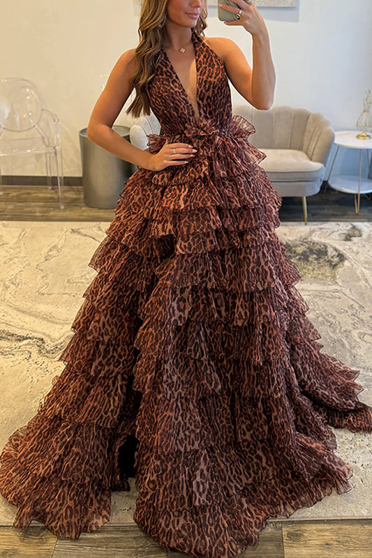 Ball Gown Halter V Neck Brown Leopard Ruffle Tiered Long Prom Dresses LD16011108