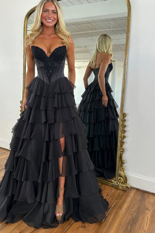 Cute A Line Sweetheart Black Chiffon Tiered Prom Dress LD16011511