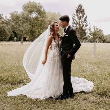 Bohemian A Line V Neck Tulle Wedding Dresses with Appliques LD062809