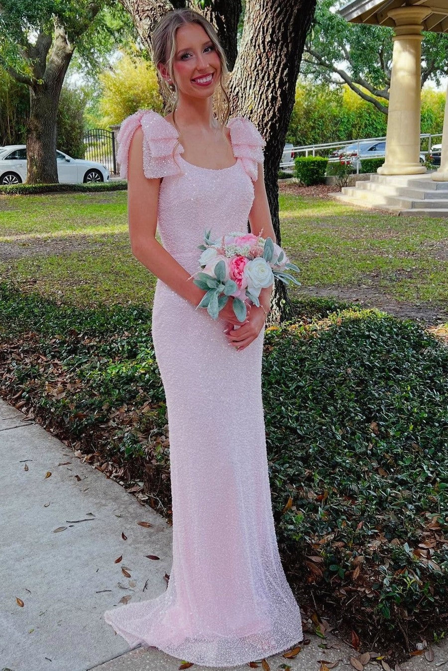 Sparkly Mermaid Sccop Neck with Bow Straps Pink Sequins Prom Dresses LD16011403
