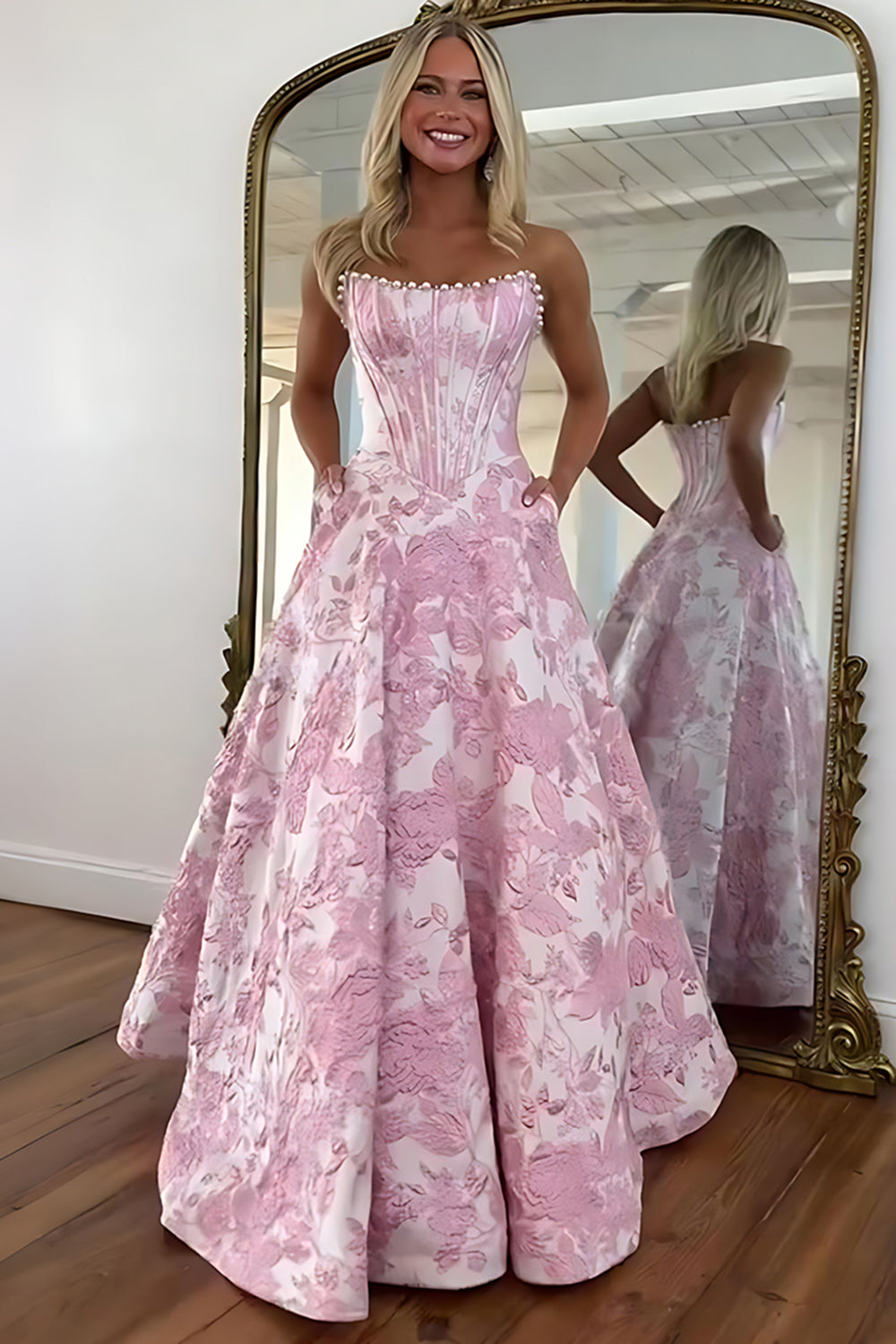 Cute A-Line Strapless Jacquard Satin Purple Flower Long Prom Dresses with Bow LD26011903