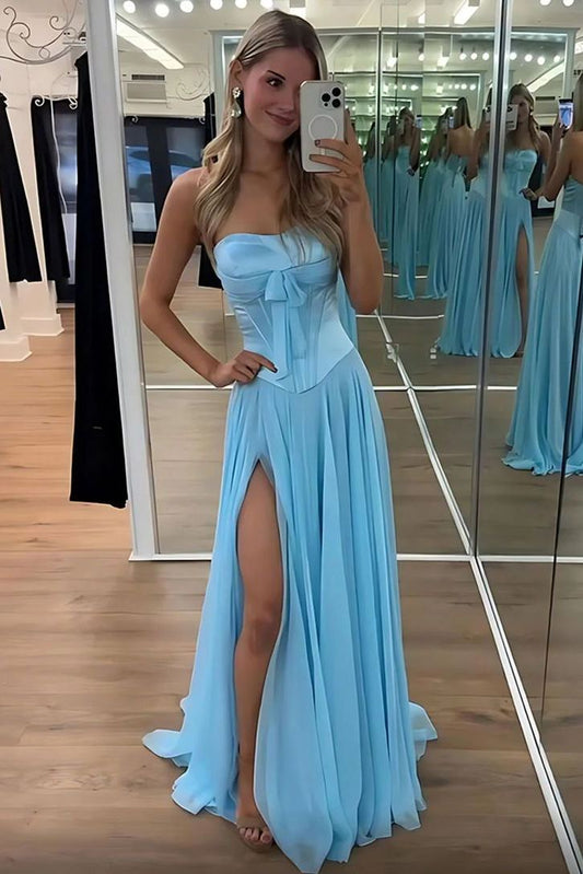 A-Line sweetheart Blue Chiffon Pleats Long Prom Dresses with Slit LD16011605
