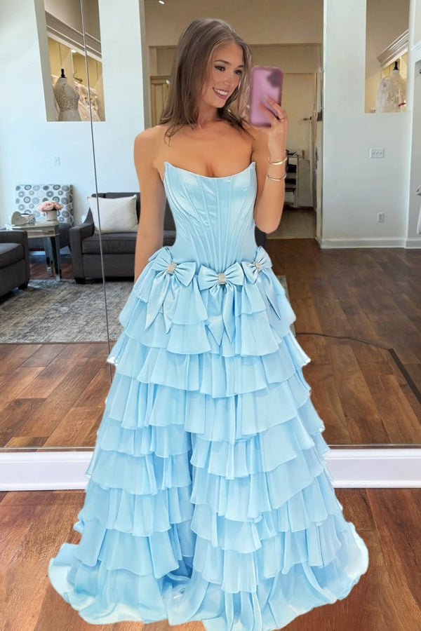 Stunning A-Line Strapless Blue Bow Ruffle Tiered Long Prom Dresses with Slit LD16011309