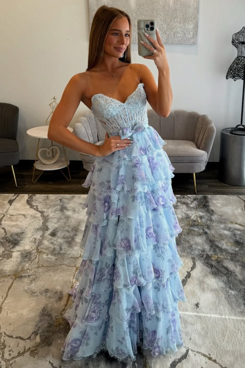 A-Line Strapless Tiered Floral Print Tiered Prom Dresses with Slit LD16012701