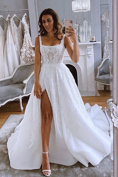 Fashion Ball Gown Square Neck Organza Wedding Dresses with Slit LD062539