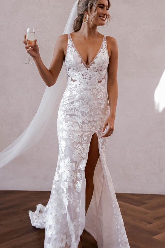 Boho V-Neck Lace Mermaid Wedding Dress with Slit