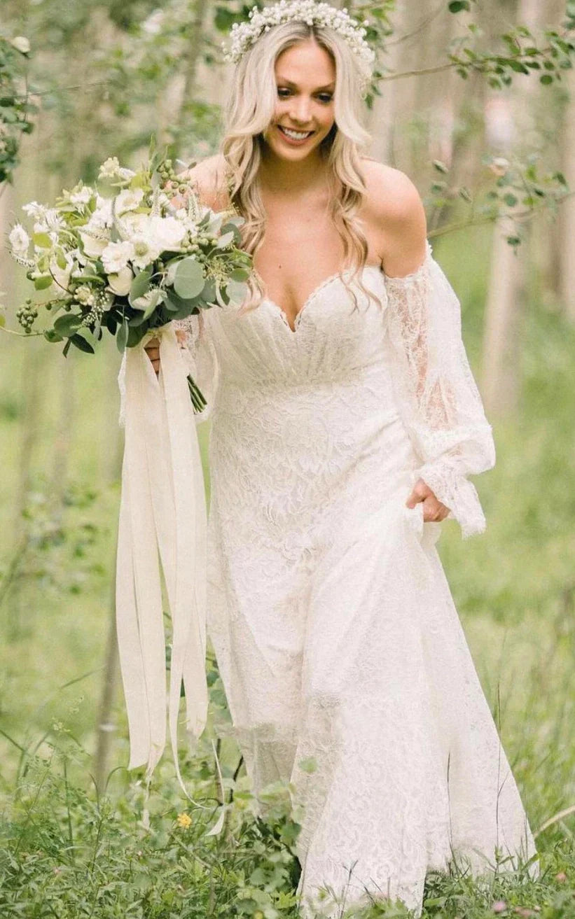 Ethereal Off-the-Shoulder A-Line Lace Wedding Dress with Open Back and Court Train