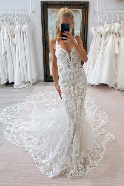 Elegant Mermaid V Neck Lace Wedding Dresses with Appliques LD063009