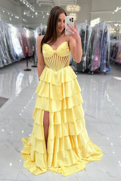 A-Line Strapless Sweetheart Yellow Satin Tiered Long Prom Dresses with Slit LD16012505