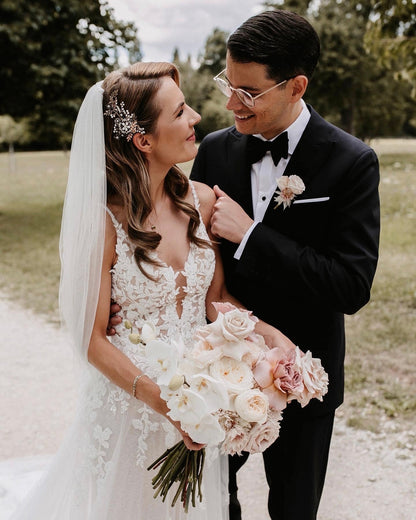 Bohemian A Line V Neck Tulle Wedding Dresses with Appliques LD062809