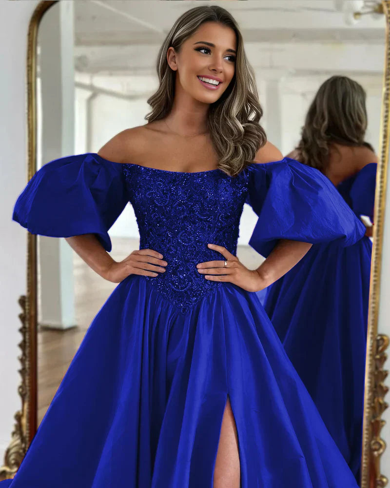 Liana | Off-the-Shoulder A-Line Taffeta Prom Dress with Puffy Short Sleeves