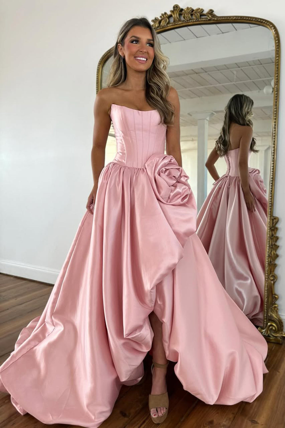 A-Line Strapless Red Satin Prom Dresses with Handmade Flower LD16012707