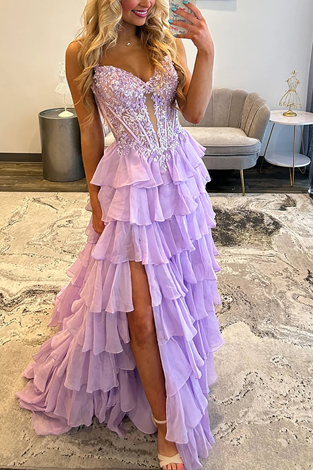 A-Line Spaghetti straps Lilac Ruffle Tiered Chiffon Long Prom Dress with Slit LD16010605