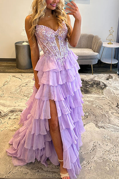 A-Line Spaghetti straps Lilac Ruffle Tiered Chiffon Long Prom Dress with Slit LD16010605