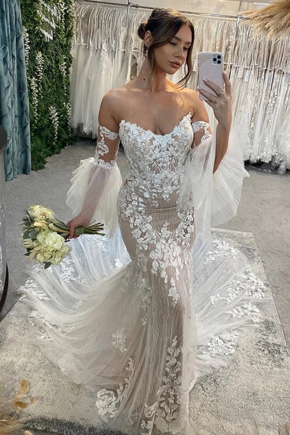 Fairy-Inspired Mermaid Sweetheart Lace Wedding Dress with Appliques