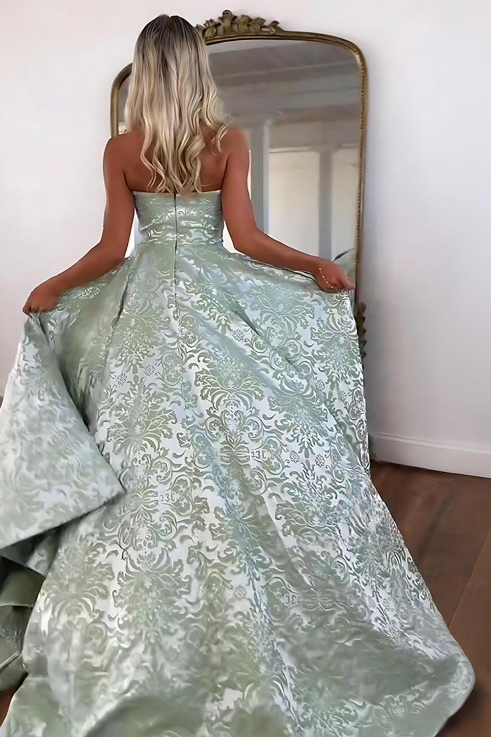 Pretty A-Line Strapless Jacquard Satin Pink Long Prom Dresses LD26011902